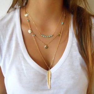 Multilayer Coin Lariat Bar Feather Necklaces
